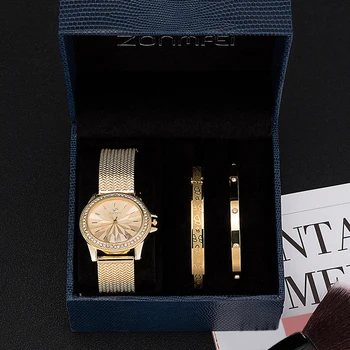 Moterys, kvarciniai laikrodžiai dovanų rinkinys ZONMFEI prekės 3 Vnt. dovanų dėžutėje rinkiniai aukštos kokybės chromu padengtas nerūdijančio plieno apyrankės su dėžės