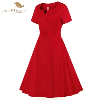 SISHION Elegantiškas Ponios Raudona Suknelė VD1293 Trumpas Rankovės 2021 Medvilnės Derliaus 3XL 4XL Plius Dydis Moterų Suknelė su Diržu