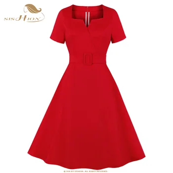 SISHION Elegantiškas Ponios Raudona Suknelė VD1293 Trumpas Rankovės 2021 Medvilnės Derliaus 3XL 4XL Plius Dydis Moterų Suknelė su Diržu