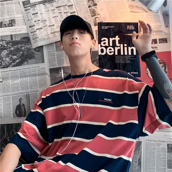 Trumpas Hip-Hop mados dryžuotas vyrų T-shirt aukštos kokybės juokinga drabužius O-kaklo Honkongo Harajuku stiliaus Megztinis streetwear