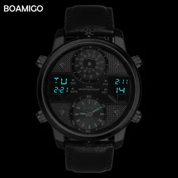 BOAMIGO Vyrų Kvarciniai Laikrodžiai 3 laiko juostos kūrybos LED Skaitmeninio Sporto Laikrodžiai Vyrų Odos laikrodžius žmogus Laikrodis Relogio Masculino
