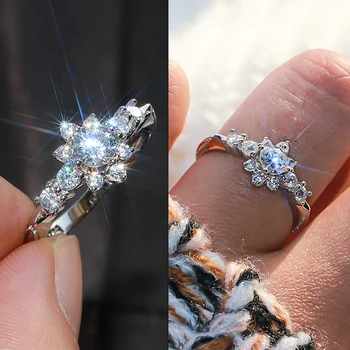 Mielas Moterų Mažos Snaigės Gėlės Žiedas Nekilnojamojo 925 Sterlingas Sidabro Vestuvinis Žiedas Crystal Pasjanso Vestuviniai Žiedai Moterims