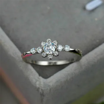 Mielas Moterų Mažos Snaigės Gėlės Žiedas Nekilnojamojo 925 Sterlingas Sidabro Vestuvinis Žiedas Crystal Pasjanso Vestuviniai Žiedai Moterims