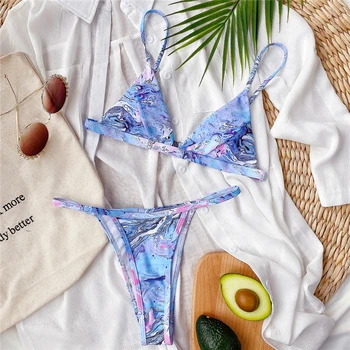 Kaklaraištis dažų trikampis bikini 2020 Retro moterų maudymosi kostiumėlį moteris Marmuro spausdinti seksualus bikini komplektas Push up maudymosi kostiumėliai, Aukštos sumažinti maudymosi kostiumas