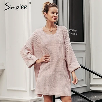 Simplee Atsitiktinis moterų megzti megztinis laisvo stiliaus apkarpytos ilgi megztiniai megztinis O-kaklo, kišenėje moterų išorinis džemperiai streetwears