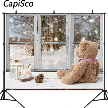 Capisco fotografijos fonas Kalėdų senų langų lokys dovanų puošimas, miško, sniego fone foto portretas šaudyti prop photocall