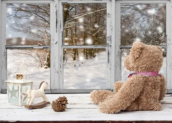 Capisco fotografijos fonas Kalėdų senų langų lokys dovanų puošimas, miško, sniego fone foto portretas šaudyti prop photocall