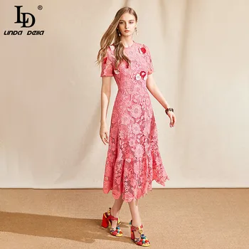 LD LINDA DELLA Mados Dizaineris Suknelė Moterų Nėriniai Tuščiaviduriai Iš trumpomis rankovėmis 3D Appliques Vintage stiliaus Vasaros Moteris 