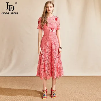 LD LINDA DELLA Mados Dizaineris Suknelė Moterų Nėriniai Tuščiaviduriai Iš trumpomis rankovėmis 3D Appliques Vintage stiliaus Vasaros Moteris 