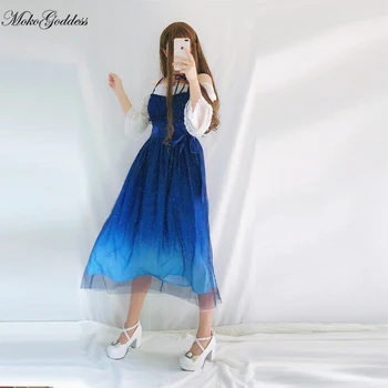 MokoGoddess Šviečia Žvaigždės Lolita Dress Gradientas JSK Star Blue Mergaičių Kietas Fancy Dress Nėrinių Ruched Plisuotos Suknelė Su Rankovėmis Rinkinys