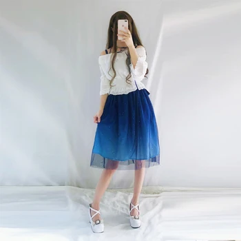 MokoGoddess Šviečia Žvaigždės Lolita Dress Gradientas JSK Star Blue Mergaičių Kietas Fancy Dress Nėrinių Ruched Plisuotos Suknelė Su Rankovėmis Rinkinys