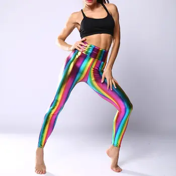 Moteriški Holograma Metallic Vaivorykštė Antblauzdžiai Sexy Blizgučiai Neon Juostelės Spausdinami Aukštos Juosmens Kelnes Dirbtiniais Odos Šalies Clubwear