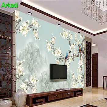 Naujas Kinijos magnolija papūga foto tapetai, 3D Kinijos ranka-dažytos gėlės ir paukščiai freskos miegamasis TV atgal sofa-lova, gyvenamasis kambarys