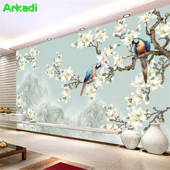 Naujas Kinijos magnolija papūga foto tapetai, 3D Kinijos ranka-dažytos gėlės ir paukščiai freskos miegamasis TV atgal sofa-lova, gyvenamasis kambarys