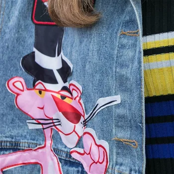 Streetwear Naujas Džinsinis švarkas moterų Mados Animacinių filmų pleistras China džinsai striukė moterų Sudurti ilgomis rankovėmis striukė Harajuku Džinsinis paltas
