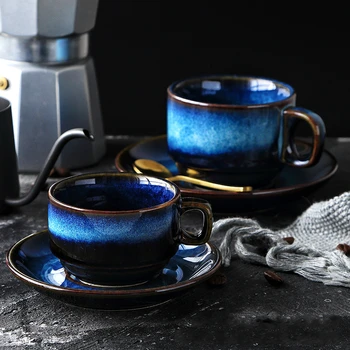 Madingas porceliano keramikos meistras kavos puodelio ir patiekalas nustatyti kūrybos pusryčiai taurės popietės arbata Japonijos paprasta Mėlyna