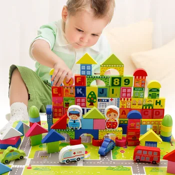 100vnt Miesto Eismo Vaikai Medinių Blokų Žaislai Spalvinga Skaičius Geometrijos Formos Pažinimo Blokai Žaislai Vaikams Dovanos