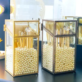 Stiklo Kosmetikos Organizatorius Makiažo Šepetėlių Laikiklį Aukso Saugojimo Dėžutė Retro Antakių Pieštukai Konteinerių Papuošalai Granulių Dėžutė su Dangčiu