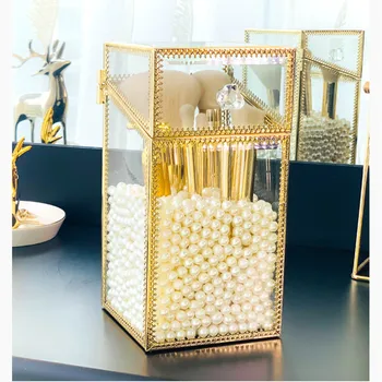 Stiklo Kosmetikos Organizatorius Makiažo Šepetėlių Laikiklį Aukso Saugojimo Dėžutė Retro Antakių Pieštukai Konteinerių Papuošalai Granulių Dėžutė su Dangčiu