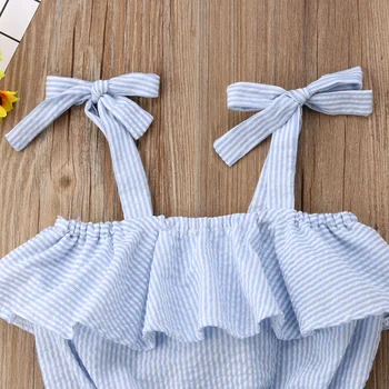 1-6Y Bamblys Kūdikių Mergaičių Vasaros Saldus Princesė Dress Off Peties Diržo Nėrinių Gėlių Raukiniai Mėlynos Dryžuotos-Line Kelio Ilgio Suknelė