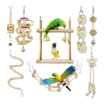 8 Vnt. Nustatyti Paukštis Papūga Sūpynės Kramtomoji Žaislai-Natūralaus Medžio, Paukštis Laipiojimo Kabo Narve Žaislai Tinka Mažosios Papūgos Cockatiels Co