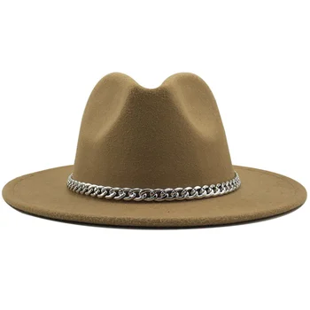 Naujos Kokybės Plataus Kraštų Fedora Skrybėlę Moterų Dirbtinė Vilna Skrybėlės su Metalo Grandinės Dekoro Panama Fedoras Chapeau Sombrero 2020 m.
