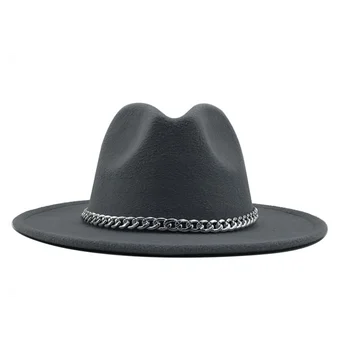 Naujos Kokybės Plataus Kraštų Fedora Skrybėlę Moterų Dirbtinė Vilna Skrybėlės su Metalo Grandinės Dekoro Panama Fedoras Chapeau Sombrero 2020 m.