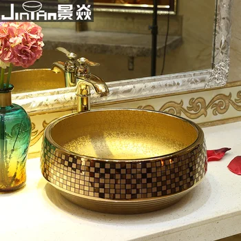 Jing Yan keramikos stalviršio praustuvas titano, aukso meno baseino mozaikos Baseino