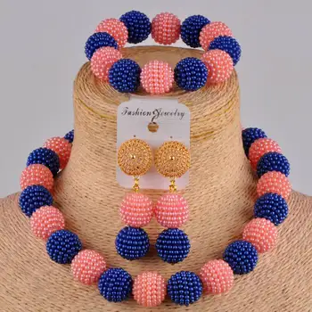 Royal blue ir persikų afrikos juvelyrika nustatyti, imituojant pearl nigerijos vestuvių nustatyti kostiumas karoliai afrikos nustatyti ZZ97
