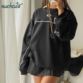 SUCHCUTE Kratinys Moterų Negabaritinių Marškinėlius ilgomis Rankovėmis O-Kaklo Gotikos Palaidinukė Black 90-ųjų 2020 drabužių streetwear