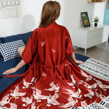 Spausdinti Krano Lady Chalatas Kimono Suknelė Moterims Vestuvių Apdarą Prarasti Minkšto Satino Pižamą Sleepwear V-kaklo, Ilgai Naujovė, naktiniai drabužiai