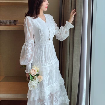 Elegantiškas Nėrinių Suknelė Moterims Vintage Retro Balta Midi Suknelė ilgomis Rankovėmis Siuvinėjimo Nėrinių Suknelė Dizaineris moteriški Drabužiai Rudens 2020 m.