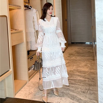 Elegantiškas Nėrinių Suknelė Moterims Vintage Retro Balta Midi Suknelė ilgomis Rankovėmis Siuvinėjimo Nėrinių Suknelė Dizaineris moteriški Drabužiai Rudens 2020 m.