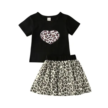 Mados vasaros drabužių baby girl 2/7Y Meilė Širdies Leopard Print T-shirt Plisuotos Sijonai, Komplektai, Nustatyti футболка для девушки t5