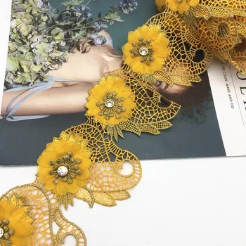 10yards Aukso geltonos 3D, Siuvinėta gėlių Nėrinių Nigerija 