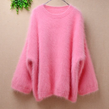 Elegantiškas saldus rožinė ponios moterys, mink cashmere long rankovėmis varpo laisvas megztinis angoros triušio kailinius žiemą outwear megztinis megztinis