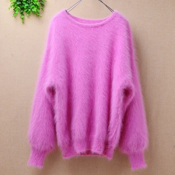 Elegantiškas saldus rožinė ponios moterys, mink cashmere long rankovėmis varpo laisvas megztinis angoros triušio kailinius žiemą outwear megztinis megztinis