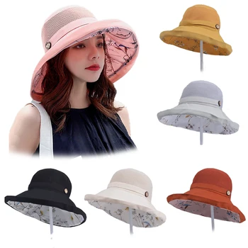 Vasaros Didelis, Platus Kraštų Gėlė Saulės Skrybėlę Moterų Tinklinio UV Apsauga Paplūdimio Skrybėlę, Moteris Net Sulankstomas Saulės Skrybėlės Lady ' s Bucket Hat