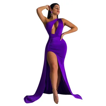 Moterų Derliaus Vieną Petį Tuščiaviduriai Iš Sexy Violetinė Ilga Suknelė Grindų Ilgis Šalis Suknelės