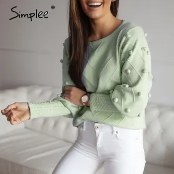 Simplee Elegantiškas kailio pompon megztinis Rudenį, žiemą žibintų rankovėmis megzti megztinis moteriška Streetwear ponios žalias megztinis 2020 m.