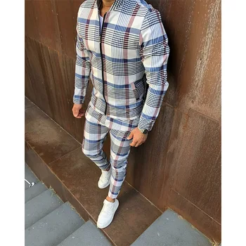 Streetwear hipster Hip-Hop Stotis Apykaklės, zip striukė nustatyti 2020 m.; Rudenį vyrų 3D pledas naudotis bėgiojimas slim striukė