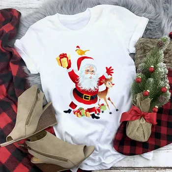 Lūs Los Linksmų Kalėdų Drabužius T-shirt Moterims, Harajuku Kawaii Įdomus šiaurės Elnių Kalėdų Senelio Spausdinti Tshirts Naujas Baltos spalvos Atsitiktinis Tee