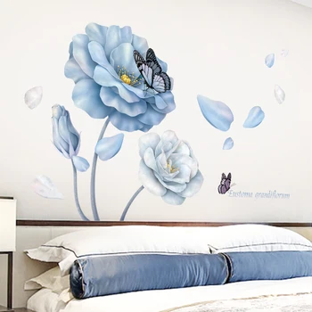 126*86cm Didelis Mėlynas Gėlių Sienų Lipdukai Gyvenimo kambario, Miegamasis, Sofa Fone Drugelis Vinilo Sienos Lipdukas Eco-friendly Freskos