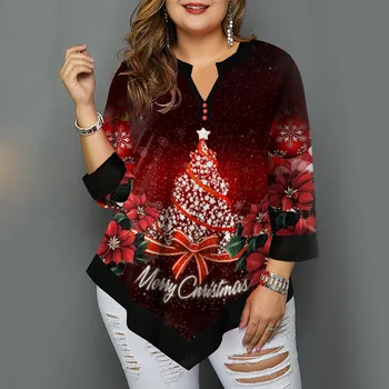 Palaidinė Moterų Mados Didelio Dydžio, Raudona Palaidinė Moterims Kalėdų Medis Viršų Spausdinti V Kaklo Laisvas Ilgas Rankovėmis Marškinėliai Blusas Para Mujer