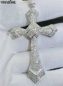 Vecalon Elegantiškas Kryžiaus pakabukas 925 Sterlingas sidabro Nutiesti 5A Cz Akmens kryžius Pakabukas karoliai Moterų, Vyrų Grupė Vestuvių Papuošalai