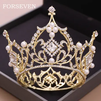 Aukso Spalvos Perlinė Nuotaka Crystal Crown Prince Vestuvių Plaukų Papuošalai Lankelis Ornamentu Rould Tiara Karūna, Mada Moterims, Aksesuarai