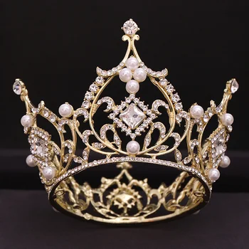 Aukso Spalvos Perlinė Nuotaka Crystal Crown Prince Vestuvių Plaukų Papuošalai Lankelis Ornamentu Rould Tiara Karūna, Mada Moterims, Aksesuarai