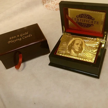 Karšto Pardavimo Prabangos 24K Aukso Folija Pokerio Kortų Kaladės, Padengtą Kortelės Gražus Medienos dėžė