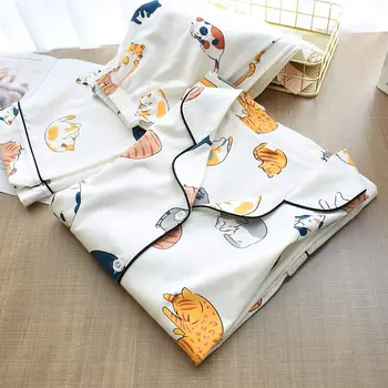 2020 m. Pavasarį Ponios Pižama Nustatyti Animaciją Kačių Medvilnės Šviežias Stiliaus Sleepwear Nustatyti Moterų Turn-žemyn Apykaklės Moterų Atsitiktinis Homewear