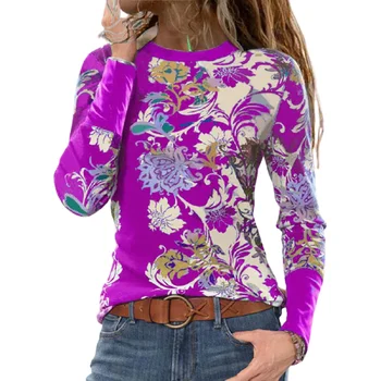 5XL Aukštos Kokybės moteriški Marškinėliai Topai Pavasarį, Rudenį Naujų Mados Plius Dydis-ilgomis Rankovėmis Atspausdintas T-Shirt Prarasti Apvalios Kaklo Moterims